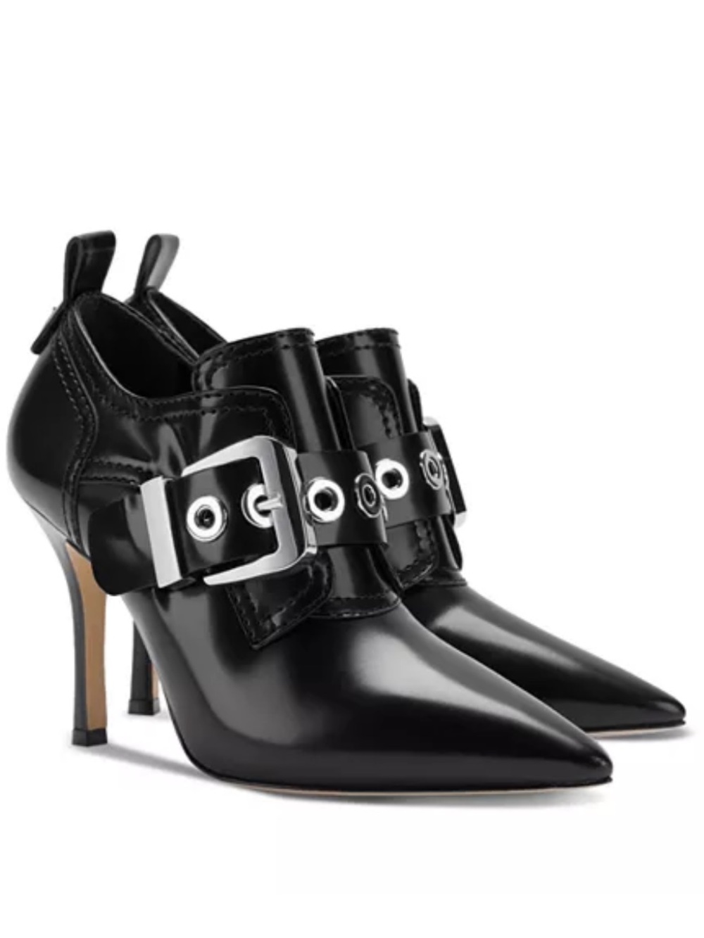 LARROUDE Stewart Pointed Toe Bootie Heels  Black Patent Leather